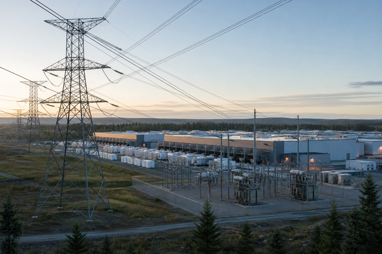 Power transmission towers and a glowing data center connected across a dusk landscape