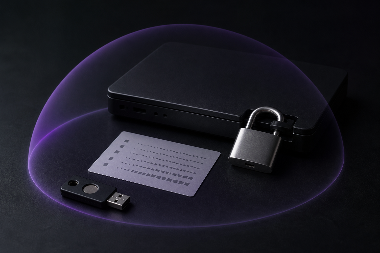 A security key, locked device, and recovery card inside a subtle protective violet light