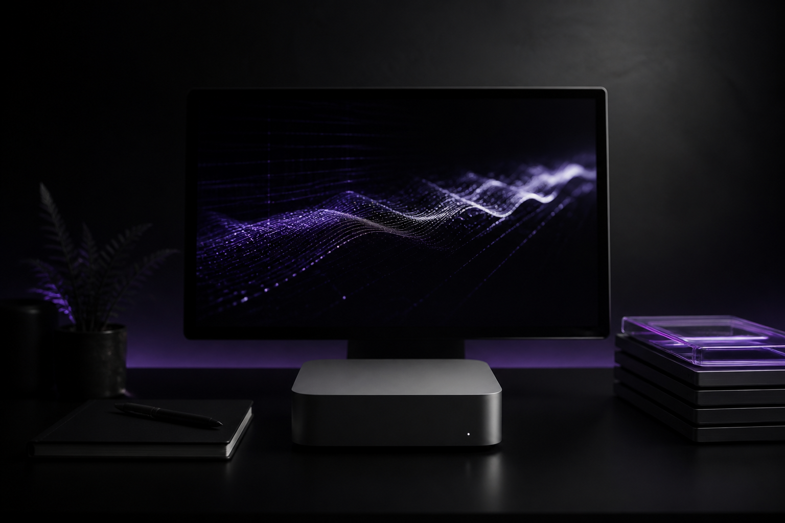 A compact local AI workstation with an abstract inference pattern on its display